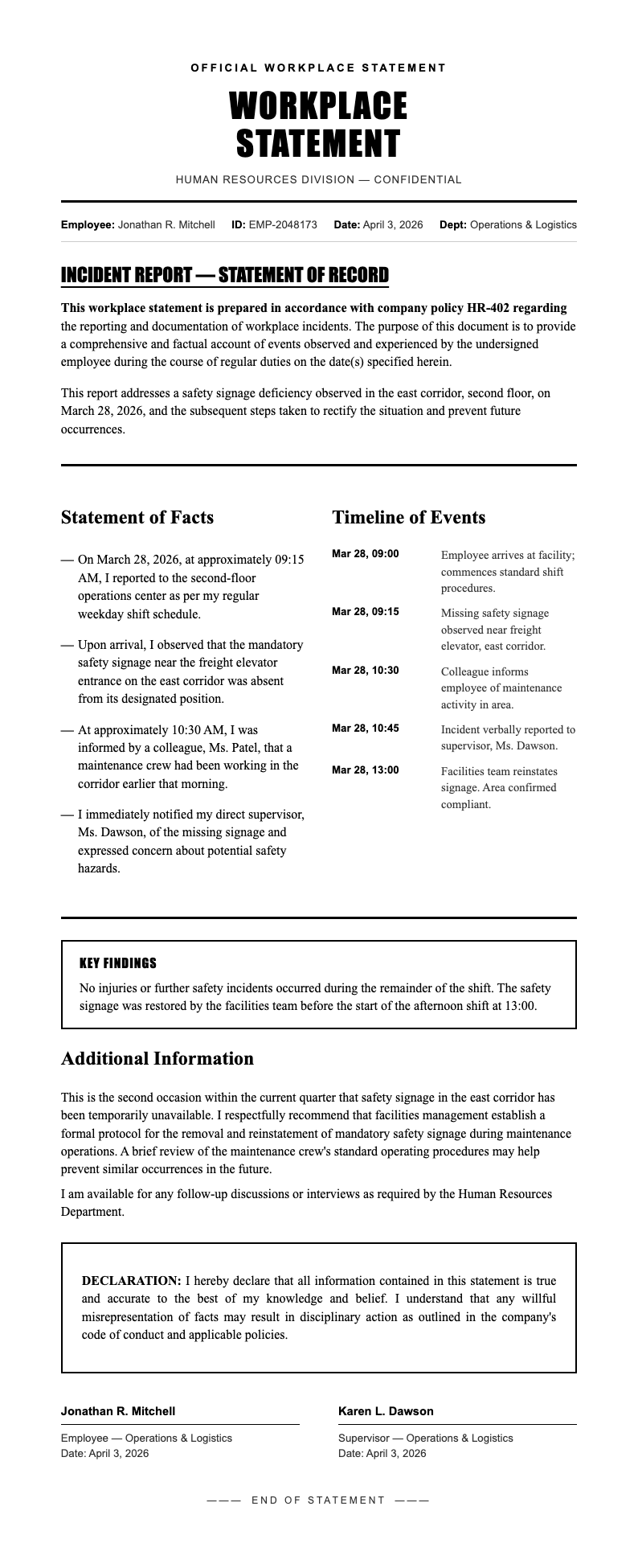 Press release workplace statement